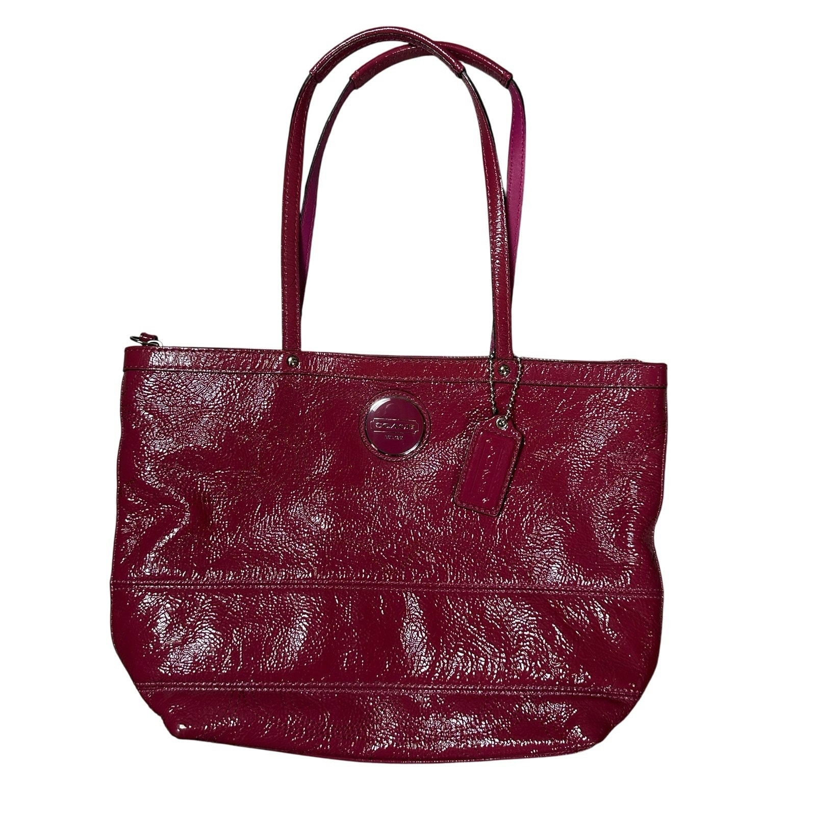 Coach Signature C Patent Leather Tote Bag Raspberry F15142